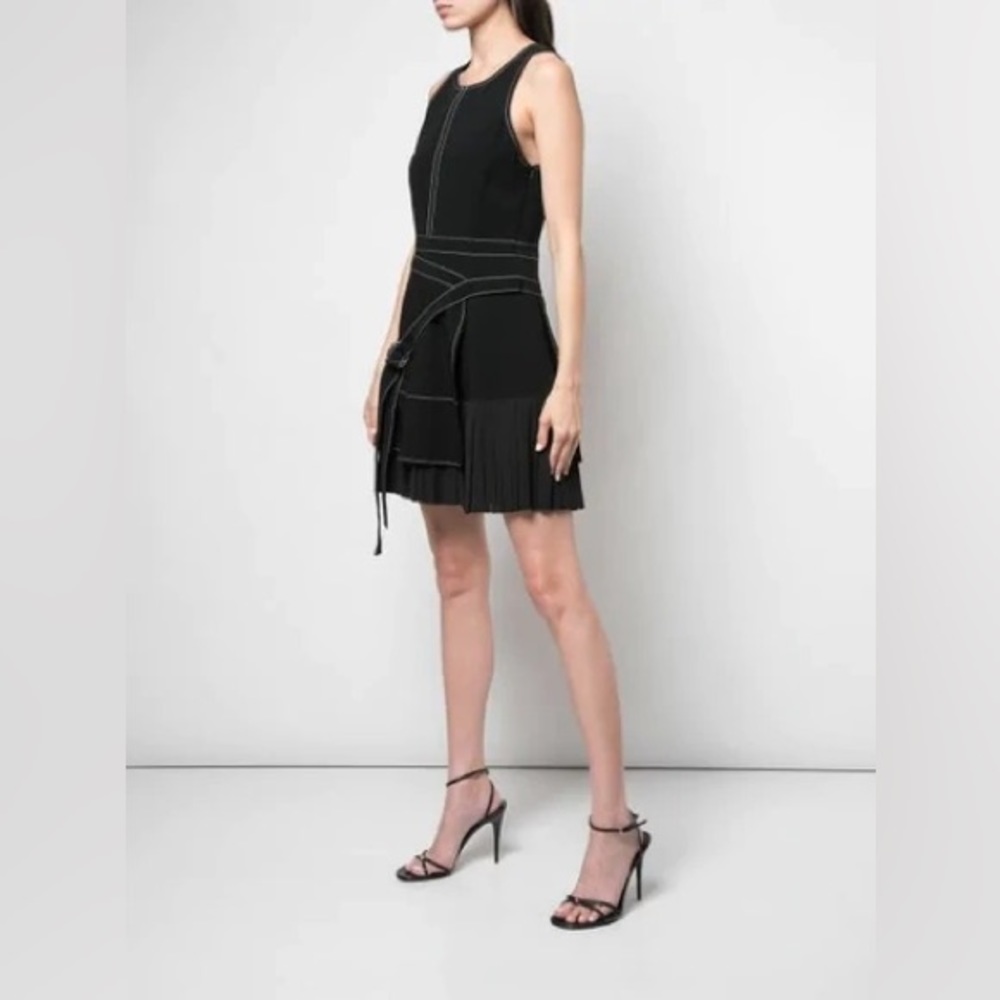 NWOT CINQ A SEPT CARVER BELTED CONTRAST-STITCH MINI DRESS IN BLACK/IVORY 6